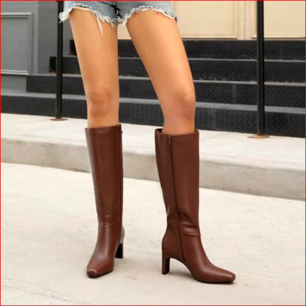PU Leather Knee High Boots Square Toe Chunky Heel Side Zipper - Picture 3 of 7